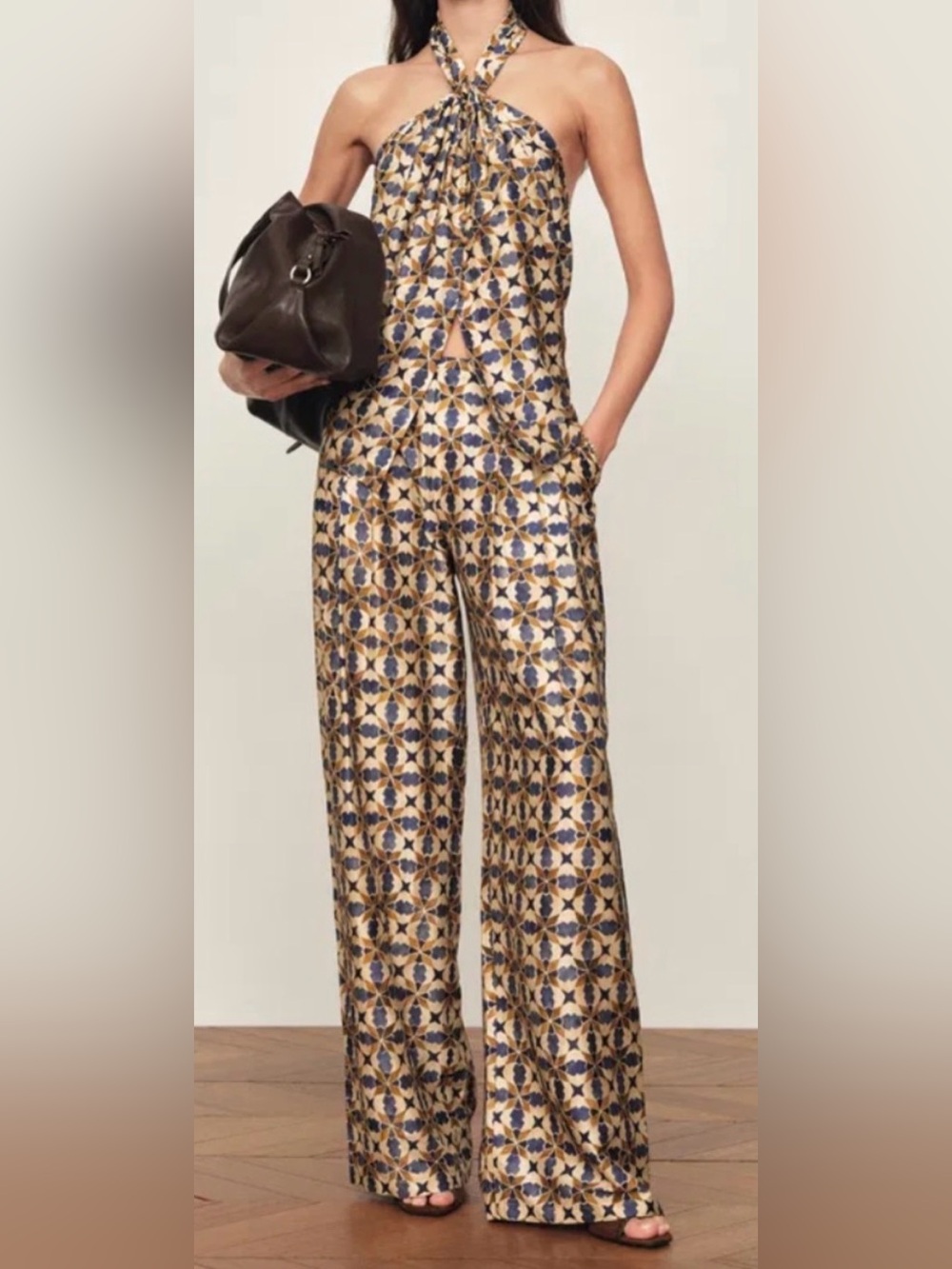 Wide-Leg Geo Print Halter Jumpsuit in Navy & Gold